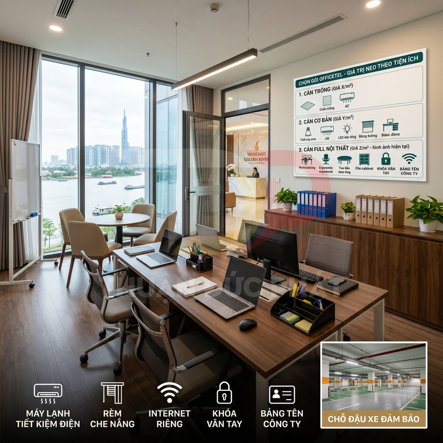 Văn phòng cho thuê tại Vinhomes Golden River với bàn làm việc, laptop và view sông Sài Gòn